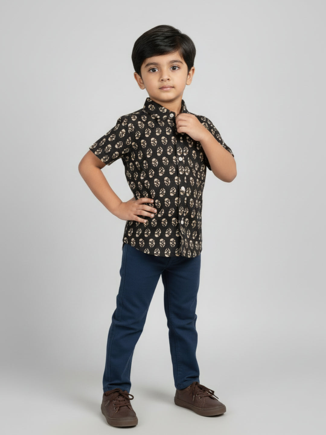 Biglilpeople Boys Black Desi Linen Print Pure Cotton Spread Collar Shirt