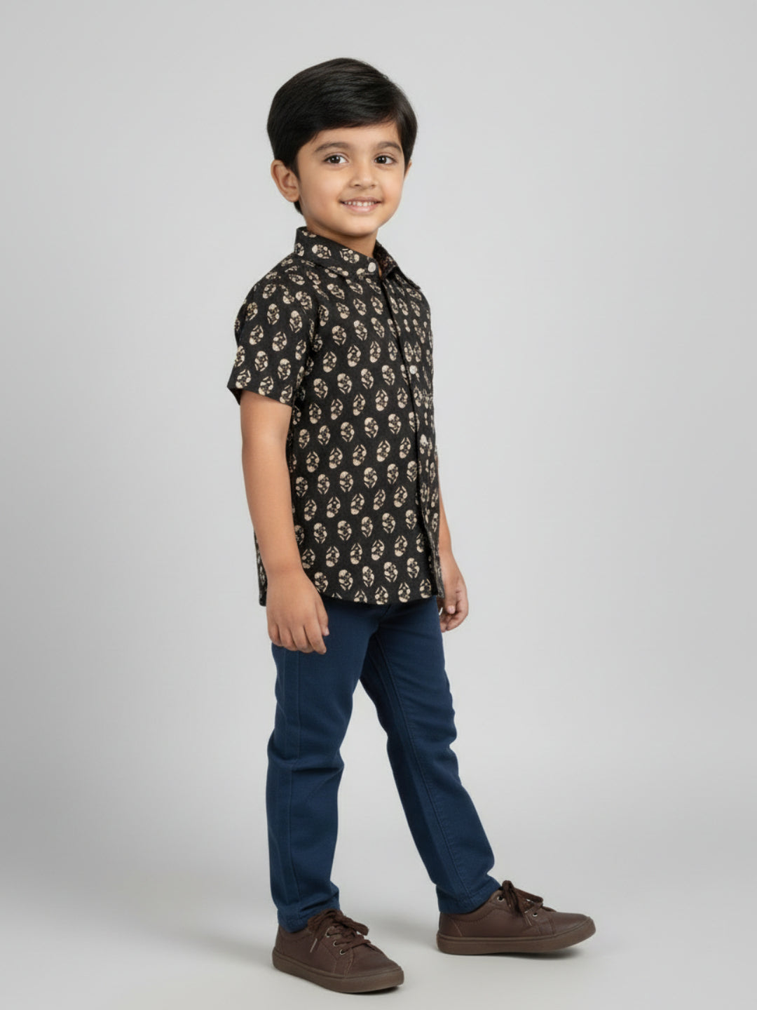 Biglilpeople Boys Black Desi Linen Print Pure Cotton Spread Collar Shirt