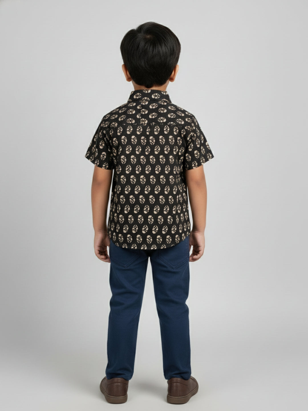 Biglilpeople Boys Black Desi Linen Print Pure Cotton Spread Collar Shirt