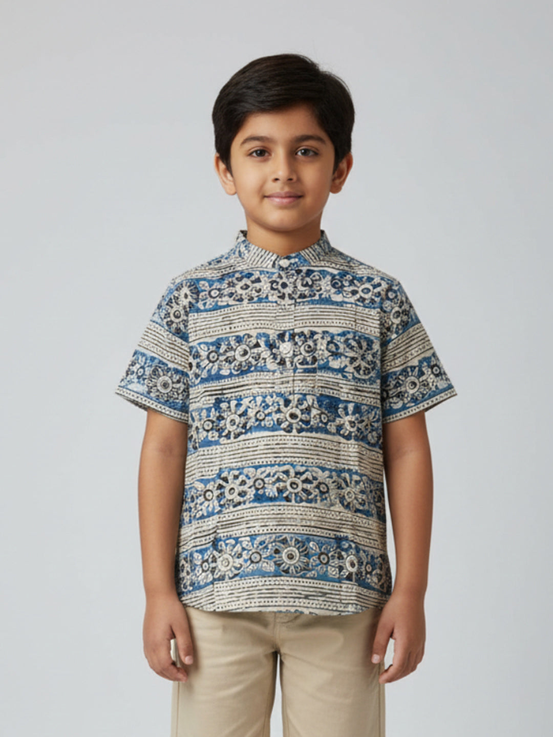 Biglilpeople Boys Blue & Black Kalamkari Print Pure Cotton Mandarin Collar Shirt