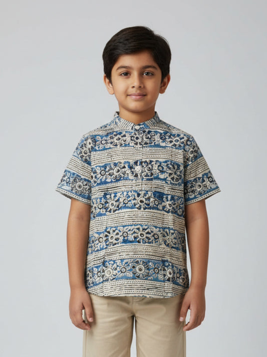 Biglilpeople Boys Blue & Black Kalamkari Print Pure Cotton Mandarin Collar Shirt