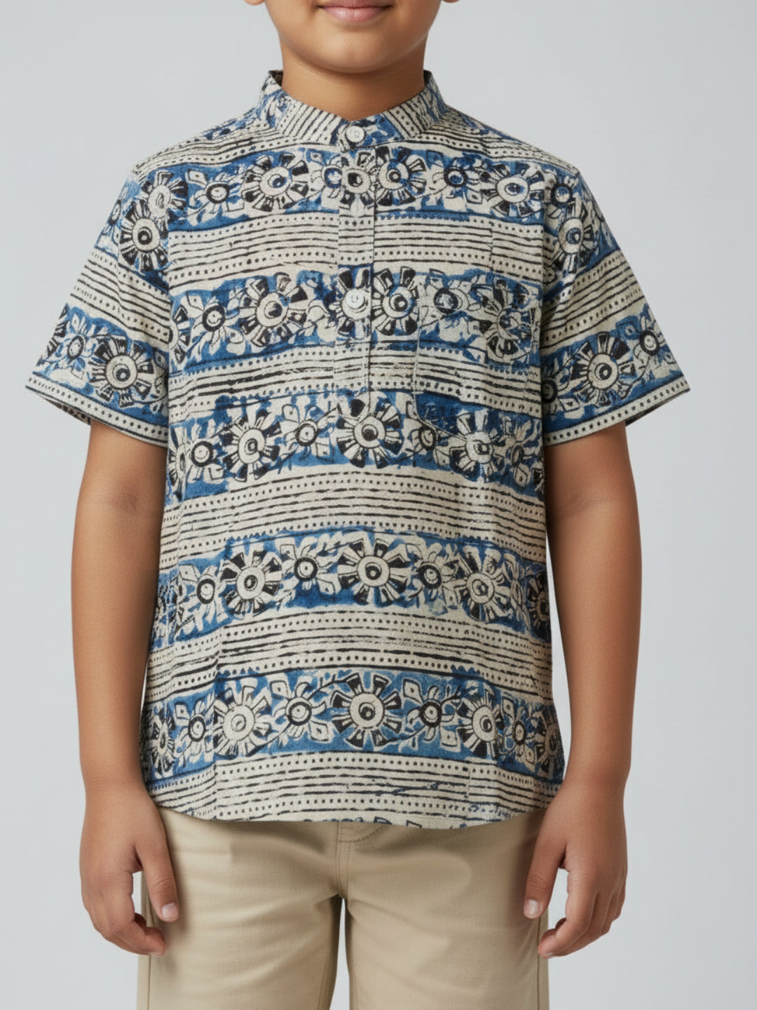 Biglilpeople Boys Blue & Black Kalamkari Print Pure Cotton Mandarin Collar Shirt