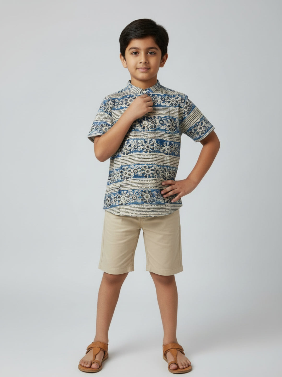 Biglilpeople Boys Blue & Black Kalamkari Print Pure Cotton Mandarin Collar Shirt