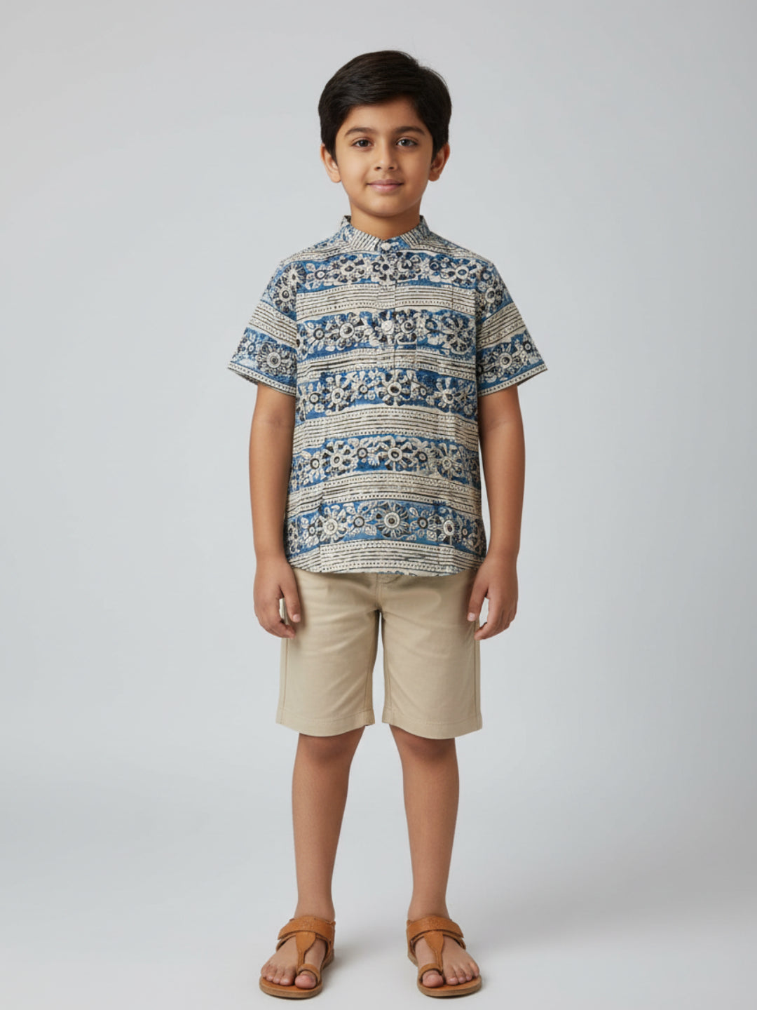 Biglilpeople Boys Blue & Black Kalamkari Print Pure Cotton Mandarin Collar Shirt
