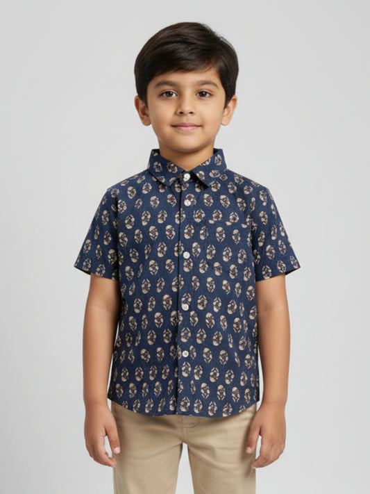 Biglilpeople Boys Blue Desi Linen Print Pure Cotton Spread Collar Shirt