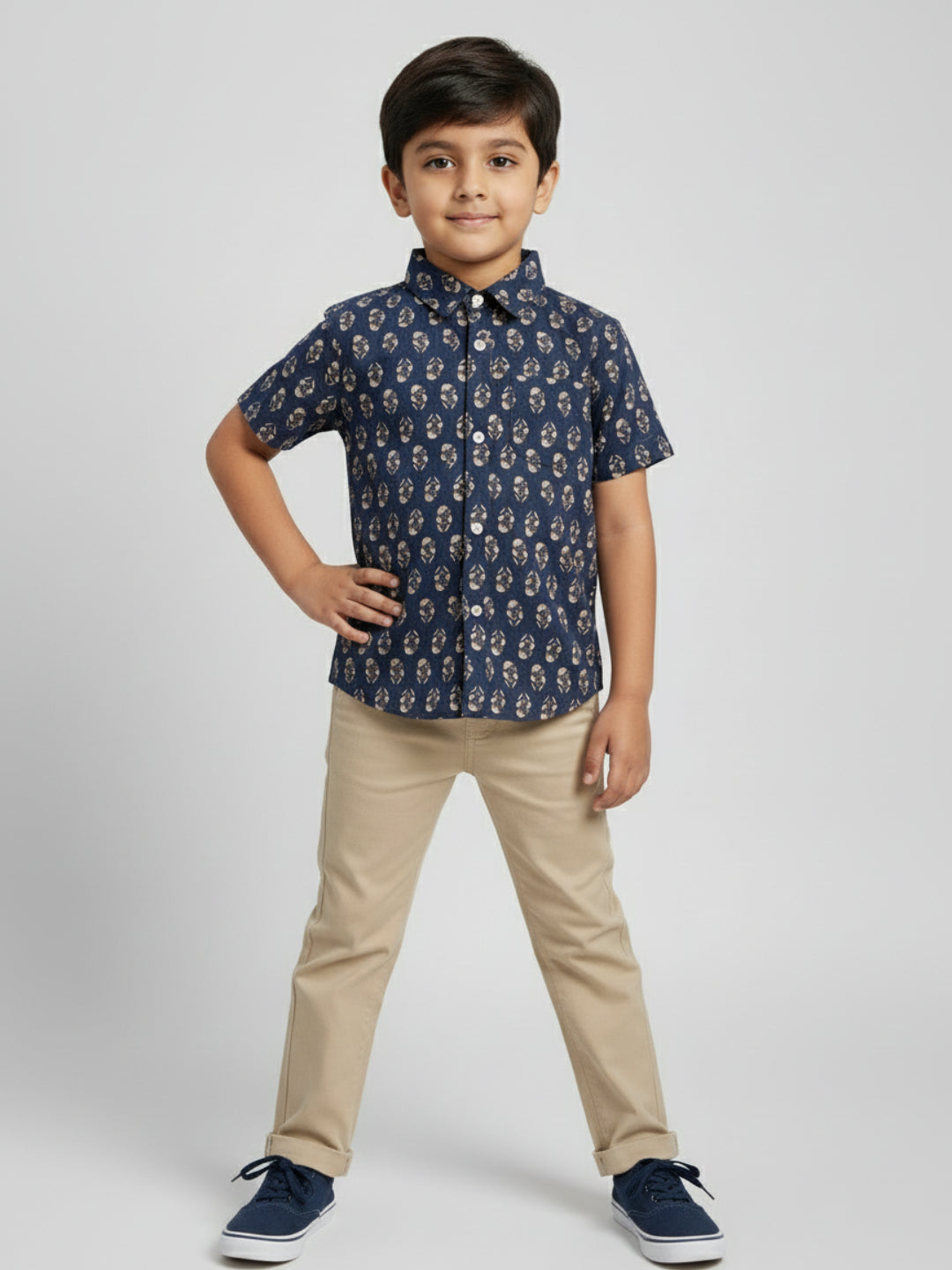 Biglilpeople Boys Blue Desi Linen Print Pure Cotton Spread Collar Shirt