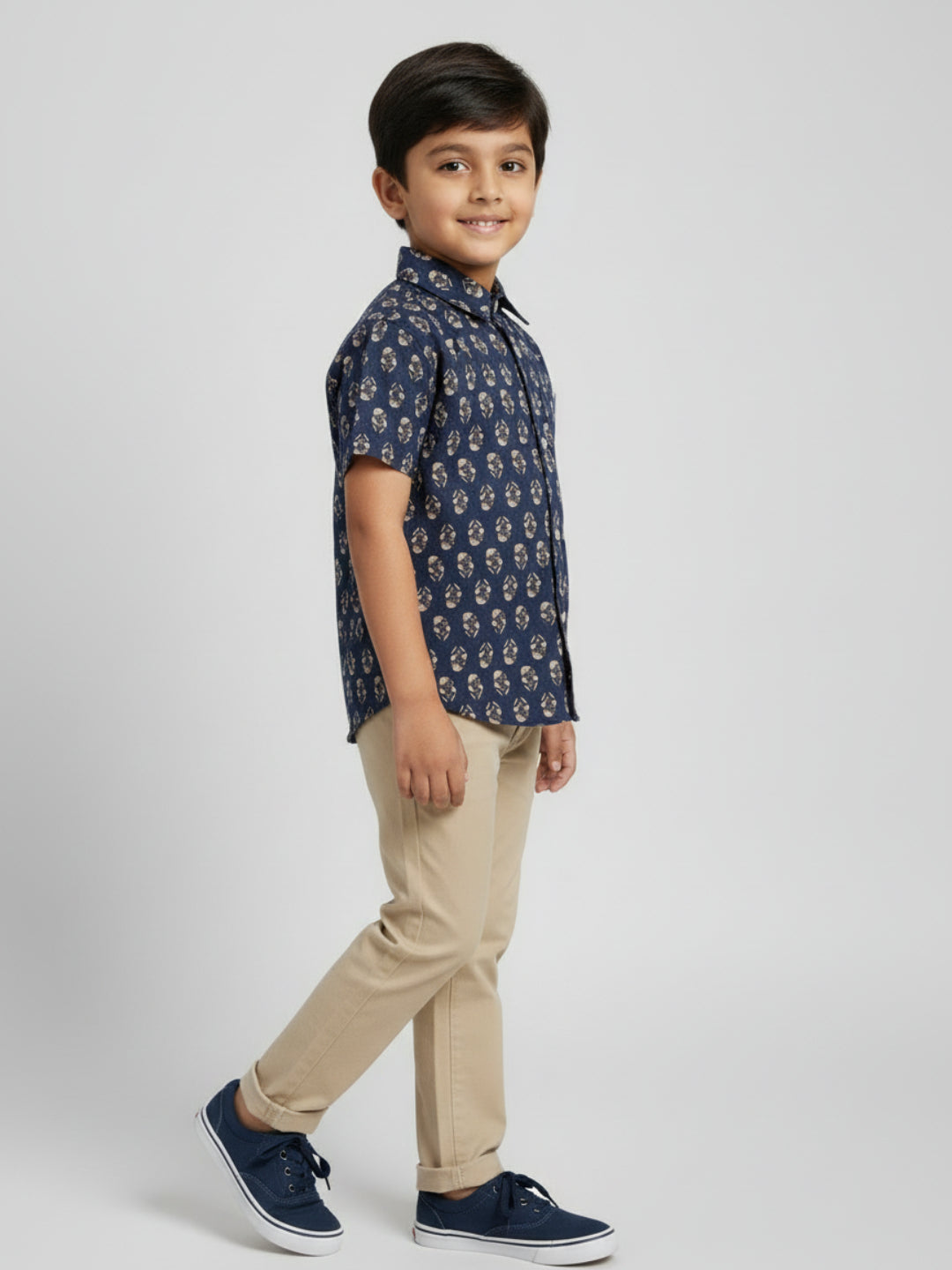 Biglilpeople Boys Blue Desi Linen Print Pure Cotton Spread Collar Shirt