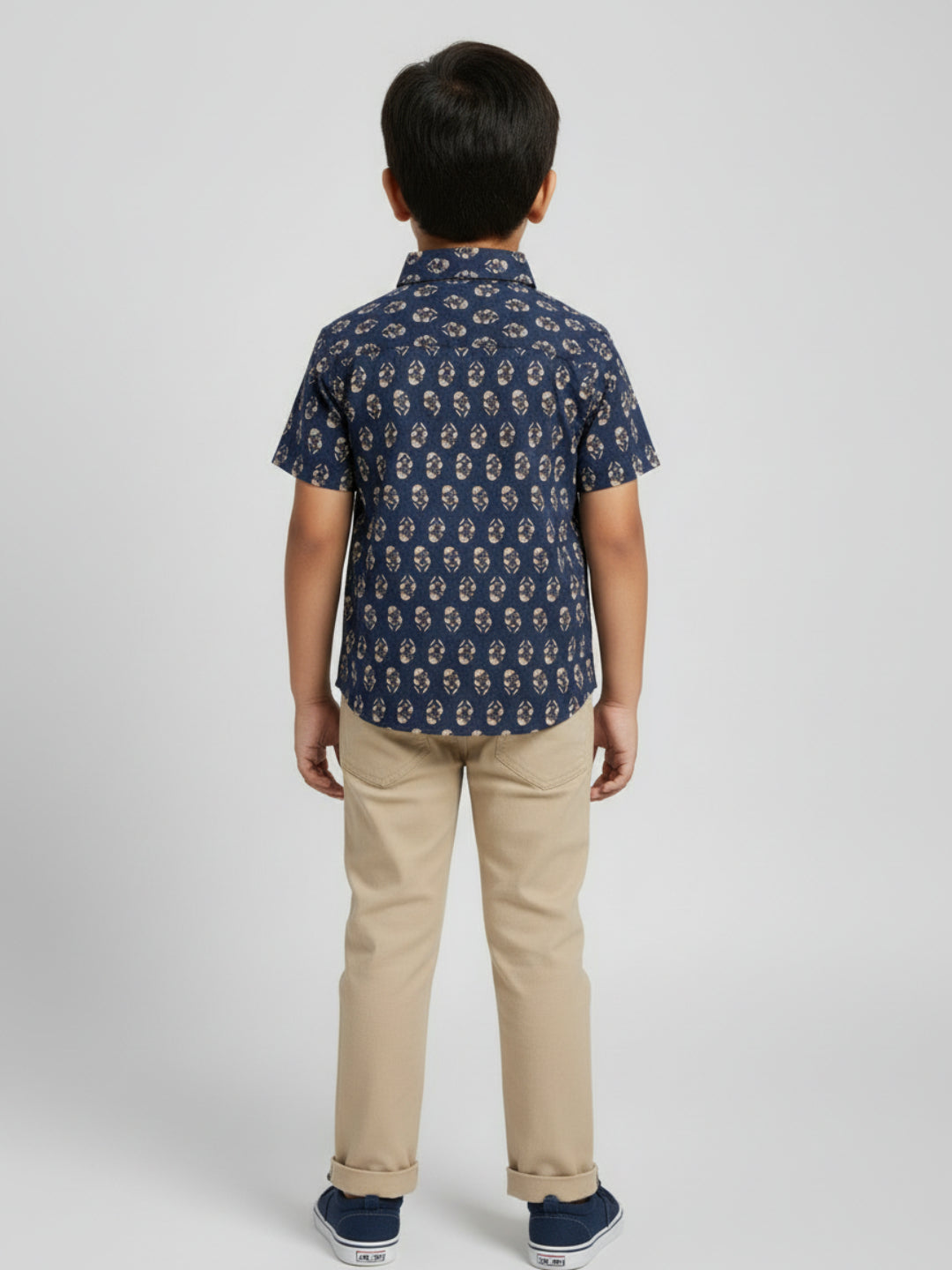 Biglilpeople Boys Blue Desi Linen Print Pure Cotton Spread Collar Shirt