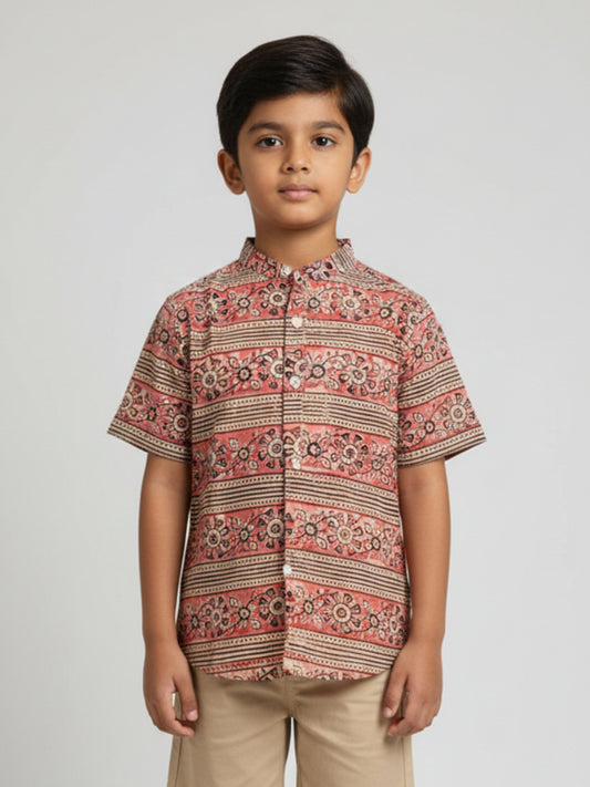 Biglilpeople Boys Pink & Black Kalamkari Print Pure Cotton Mandarin Collar Shirt