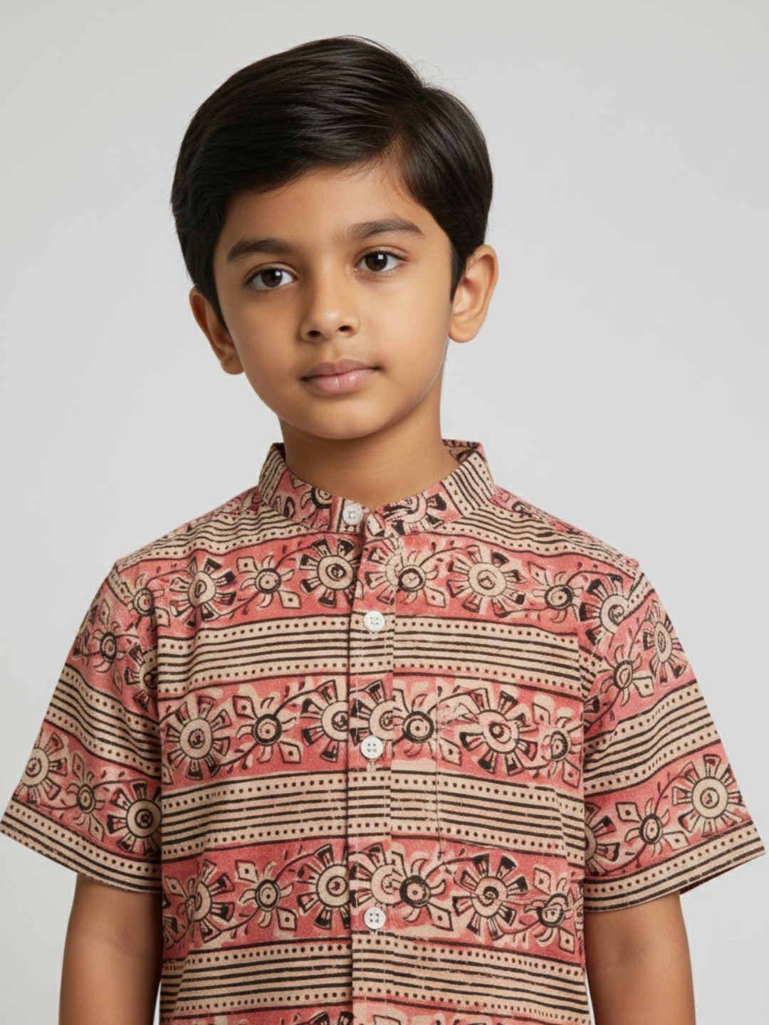 Biglilpeople Boys Pink & Black Kalamkari Print Pure Cotton Mandarin Collar Shirt