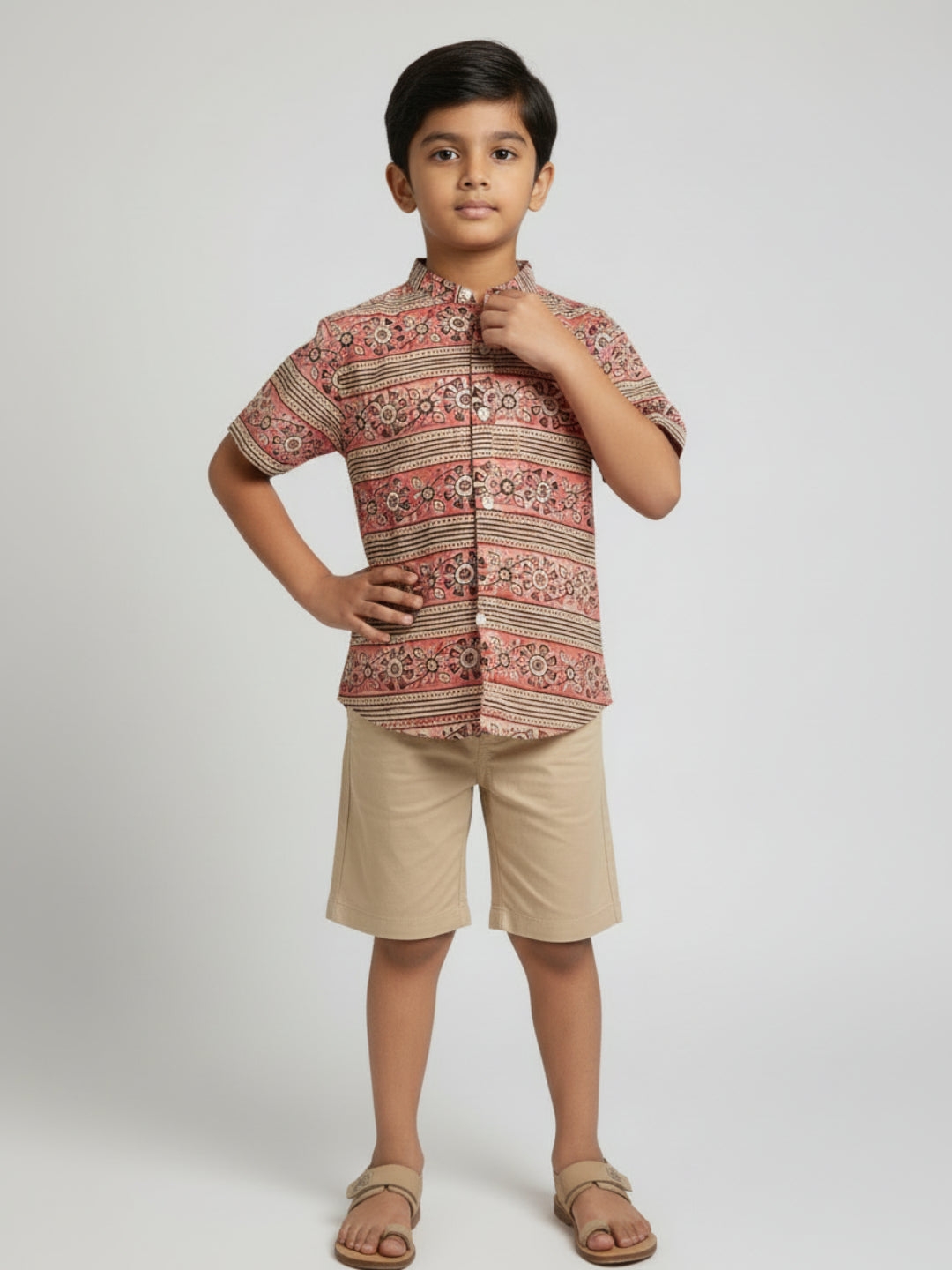 Biglilpeople Boys Pink & Black Kalamkari Print Pure Cotton Mandarin Collar Shirt