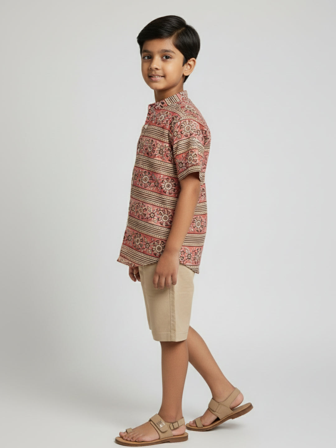 Biglilpeople Boys Pink & Black Kalamkari Print Pure Cotton Mandarin Collar Shirt