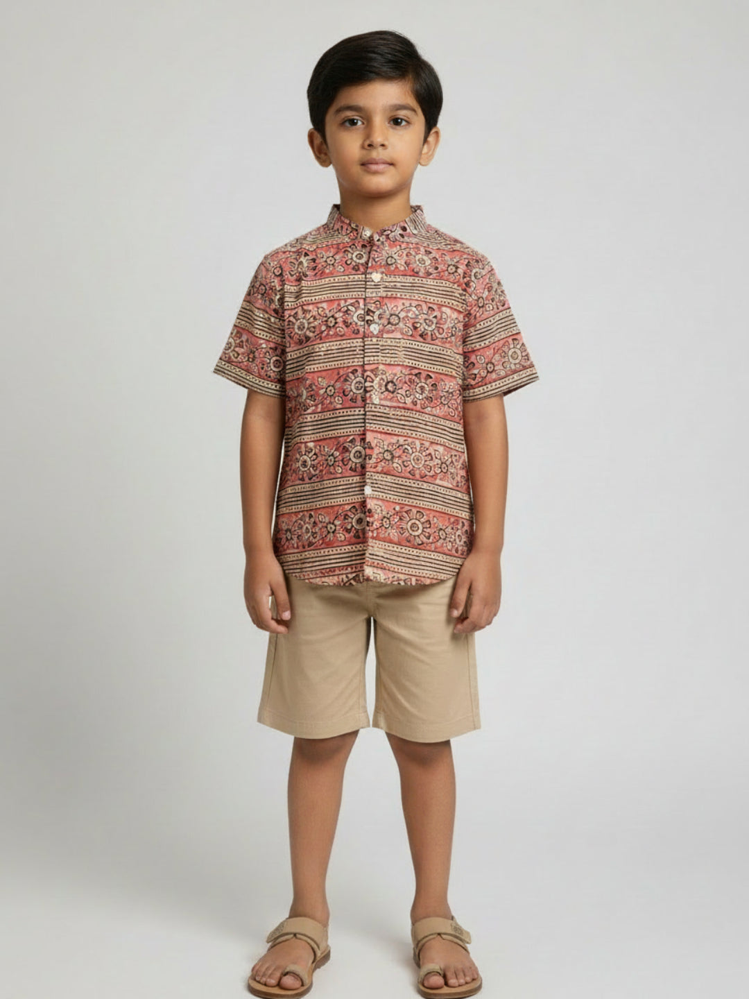 Biglilpeople Boys Pink & Black Kalamkari Print Pure Cotton Mandarin Collar Shirt