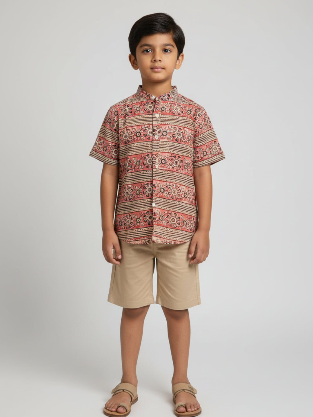 Biglilpeople Boys Pink & Black Kalamkari Print Pure Cotton Mandarin Collar Shirt