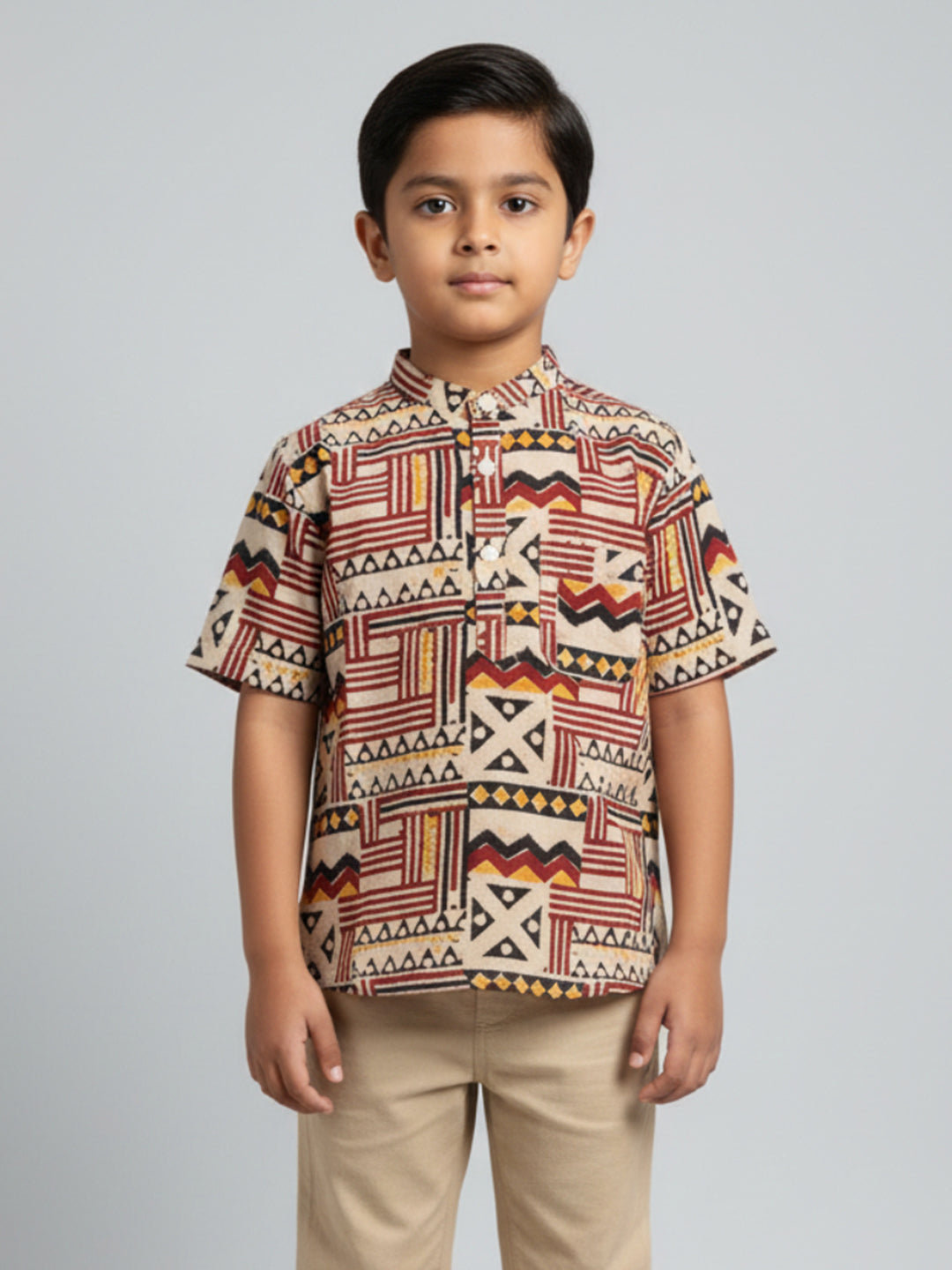 Biglilpeople Boys Red & Black Kalamkari Print Pure Cotton Mandarin Collar Shirt