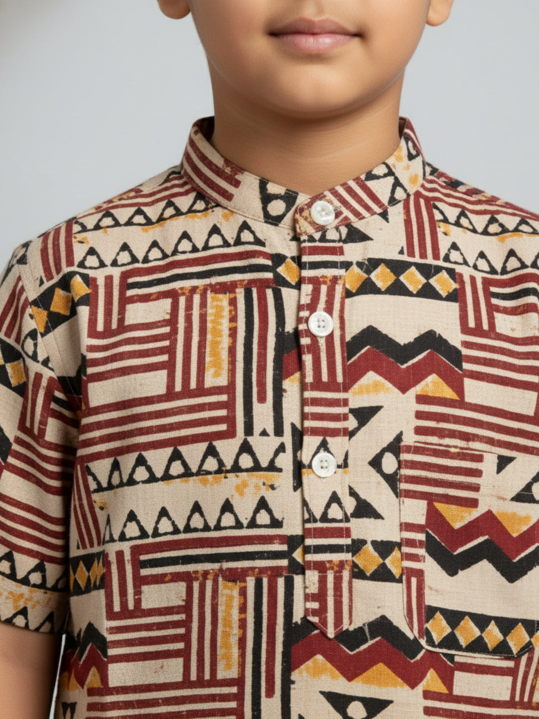 Biglilpeople Boys Red & Black Kalamkari Print Pure Cotton Mandarin Collar Shirt