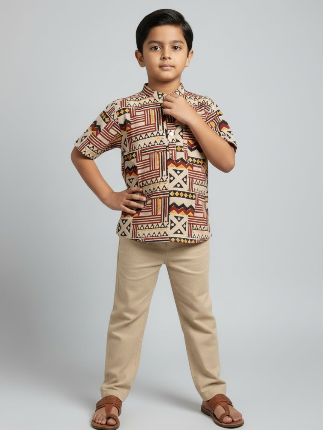 Biglilpeople Boys Red & Black Kalamkari Print Pure Cotton Mandarin Collar Shirt