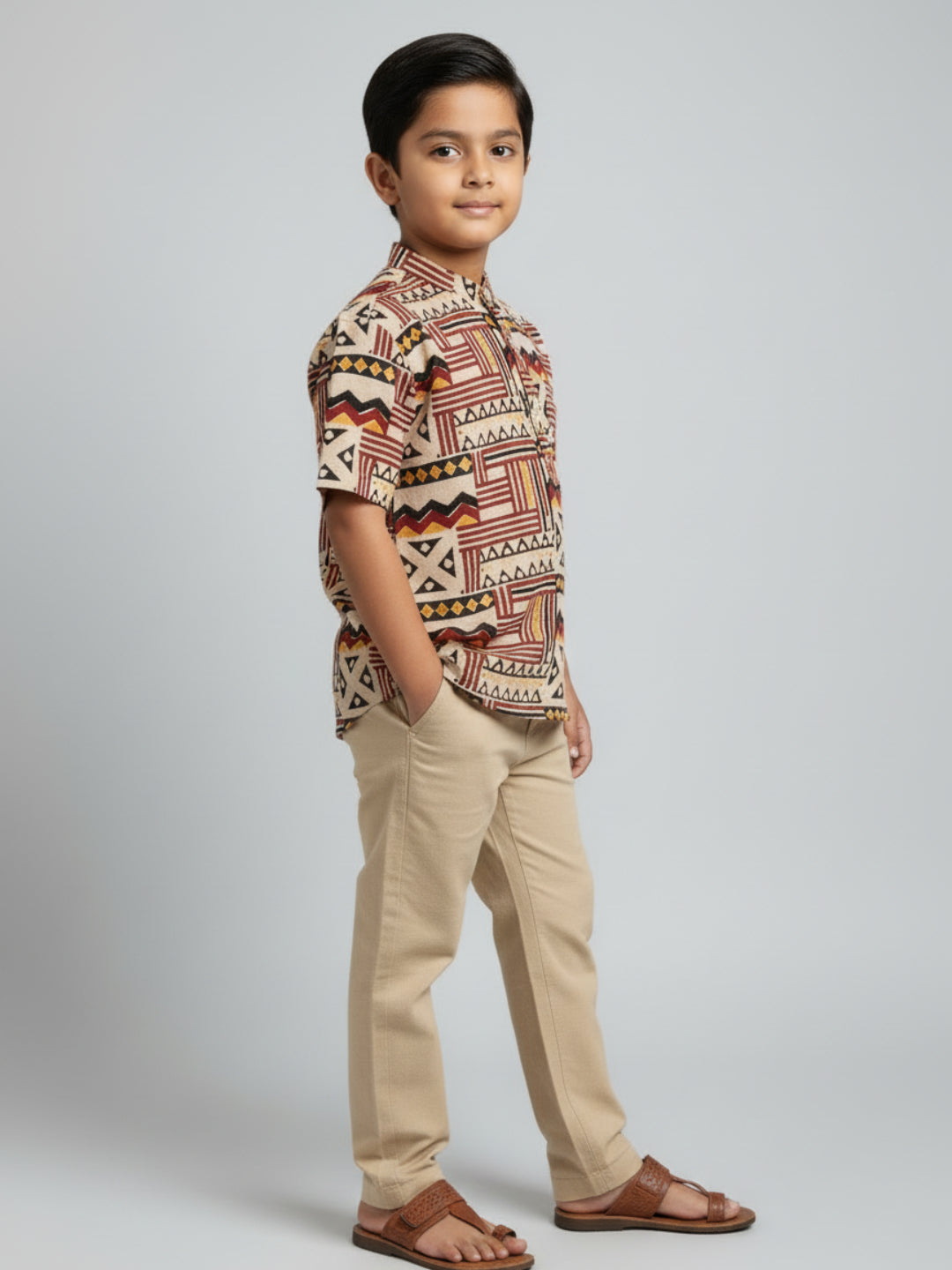 Biglilpeople Boys Red & Black Kalamkari Print Pure Cotton Mandarin Collar Shirt