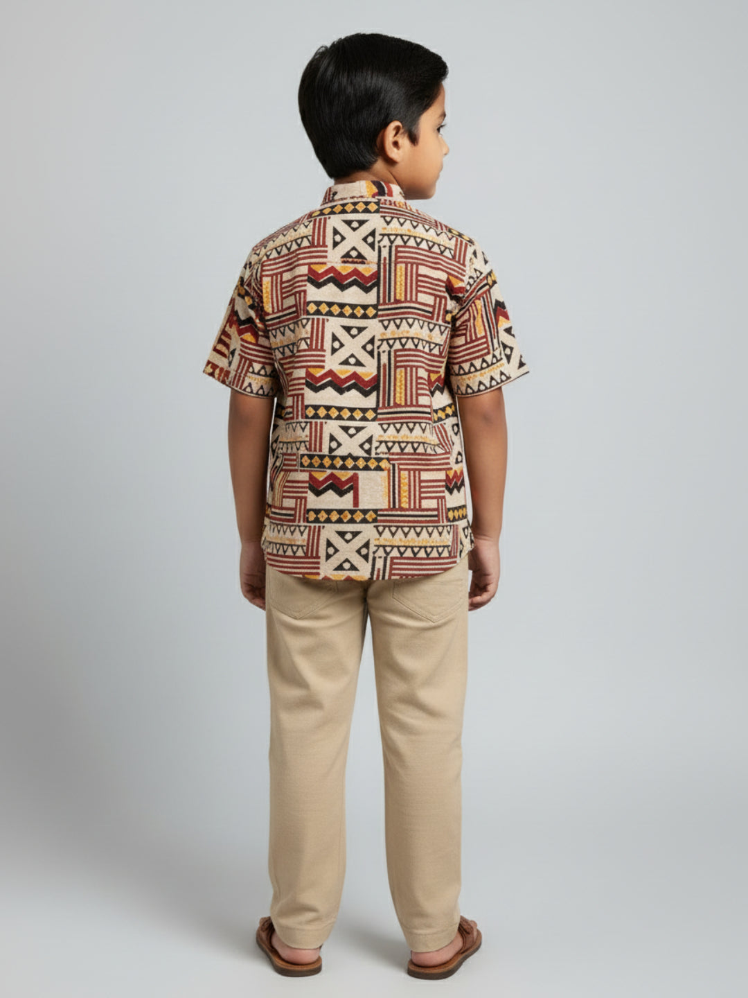 Biglilpeople Boys Red & Black Kalamkari Print Pure Cotton Mandarin Collar Shirt