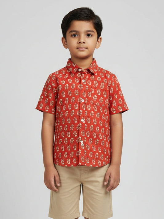 Biglilpeople Boys Red Desi Linen Print Pure Cotton Spread Collar Shirt