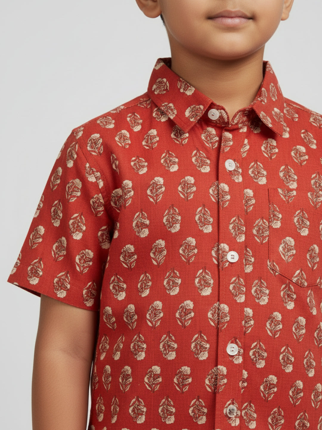 Biglilpeople Boys Red Desi Linen Print Pure Cotton Spread Collar Shirt
