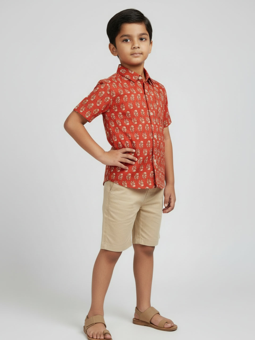 Biglilpeople Boys Red Desi Linen Print Pure Cotton Spread Collar Shirt