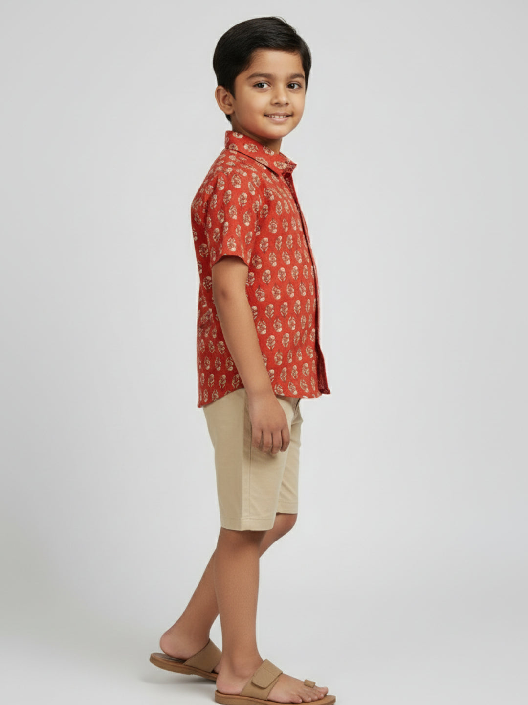 Biglilpeople Boys Red Desi Linen Print Pure Cotton Spread Collar Shirt