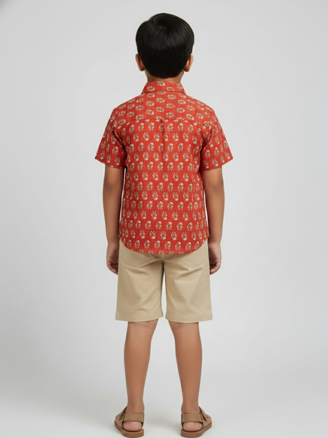 Biglilpeople Boys Red Desi Linen Print Pure Cotton Spread Collar Shirt