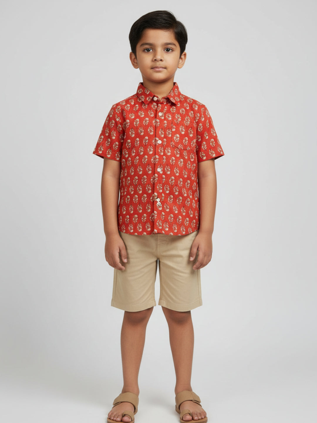 Biglilpeople Boys Red Desi Linen Print Pure Cotton Spread Collar Shirt