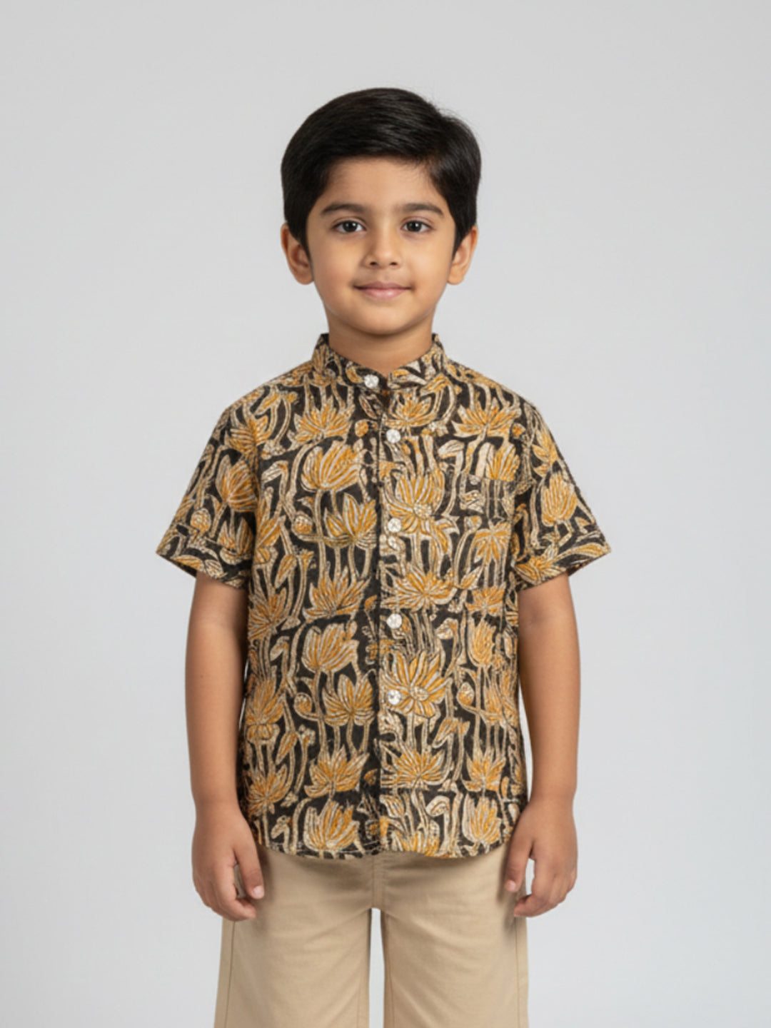 Biglilpeople Boys Yellow & Black Kalamkari Print Pure Cotton Mandarin Collar Shirt