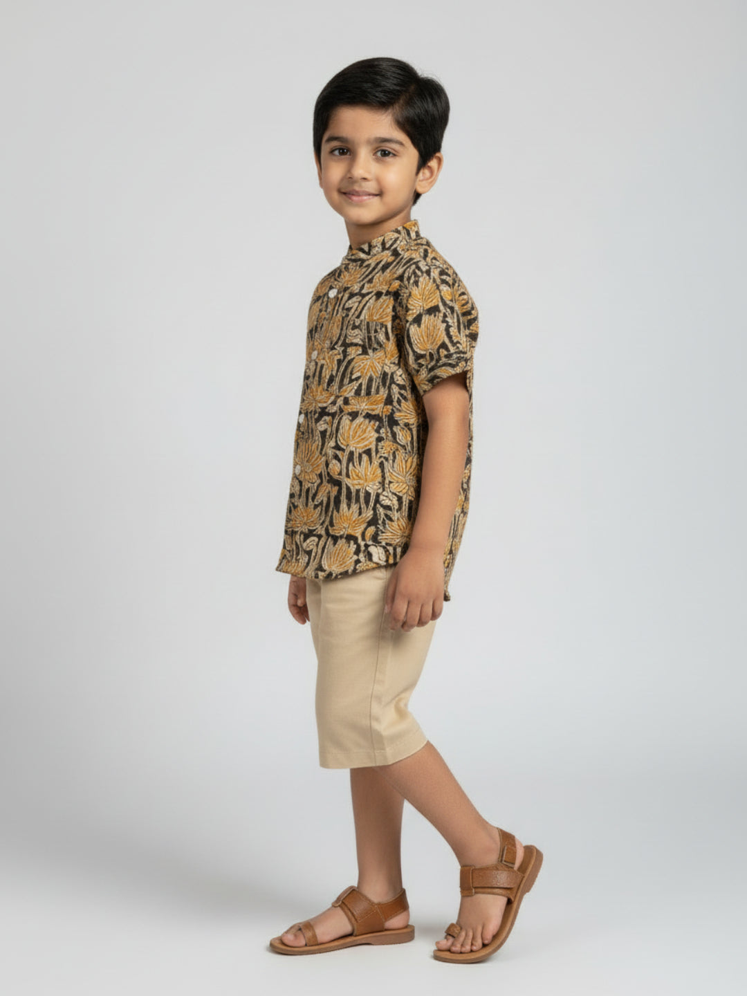 Biglilpeople Boys Yellow & Black Kalamkari Print Pure Cotton Mandarin Collar Shirt