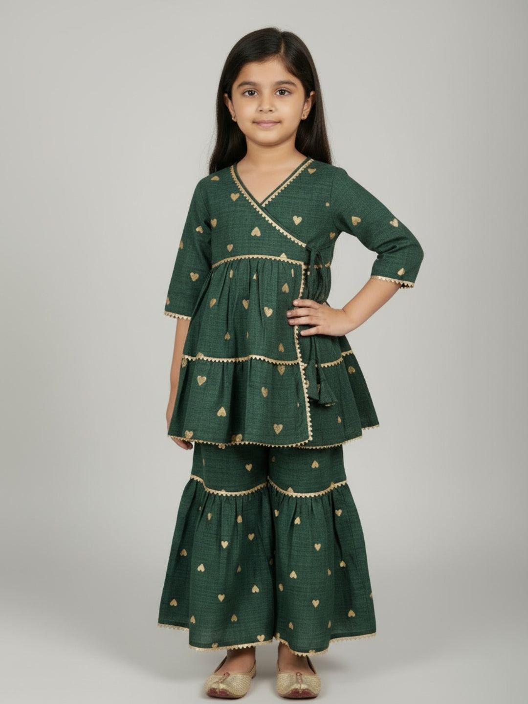 Biglilpeople Girls Heart Printed Angrakha Kurta and Sharara Set