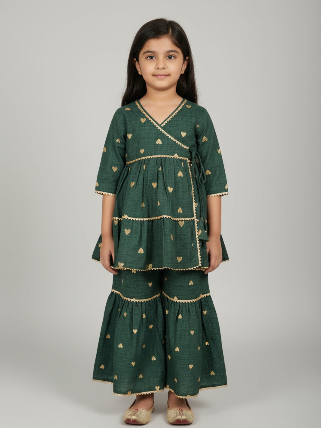 Biglilpeople Girls Heart Printed Angrakha Kurta and Sharara Set