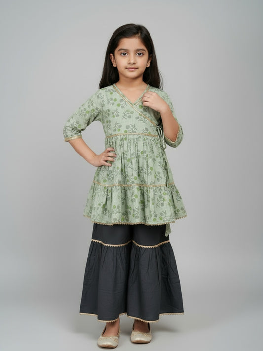 Biglilpeople Girls Floral Printed Angrakha Kurta and Sharara Set