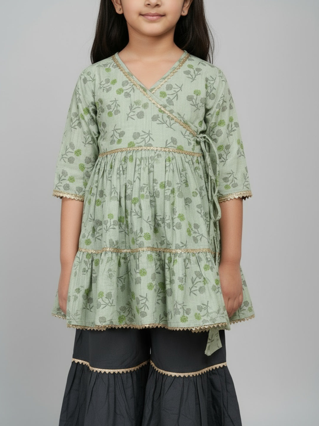 Biglilpeople Girls Floral Printed Angrakha Kurta and Sharara Set