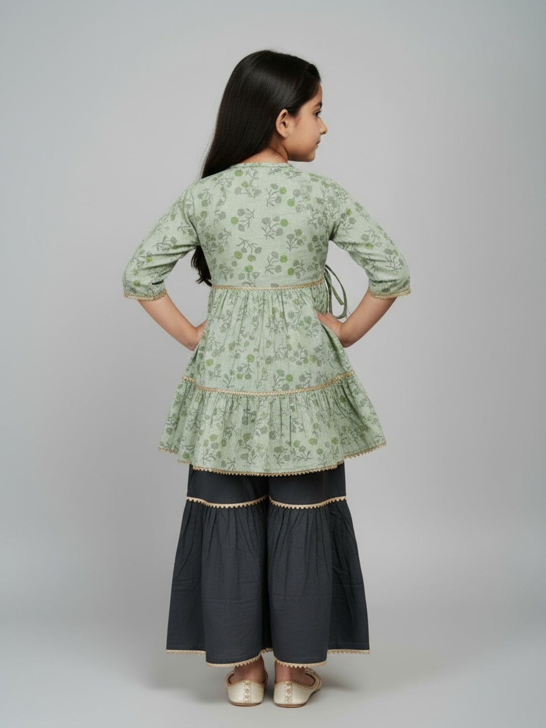 Biglilpeople Girls Floral Printed Angrakha Kurta and Sharara Set