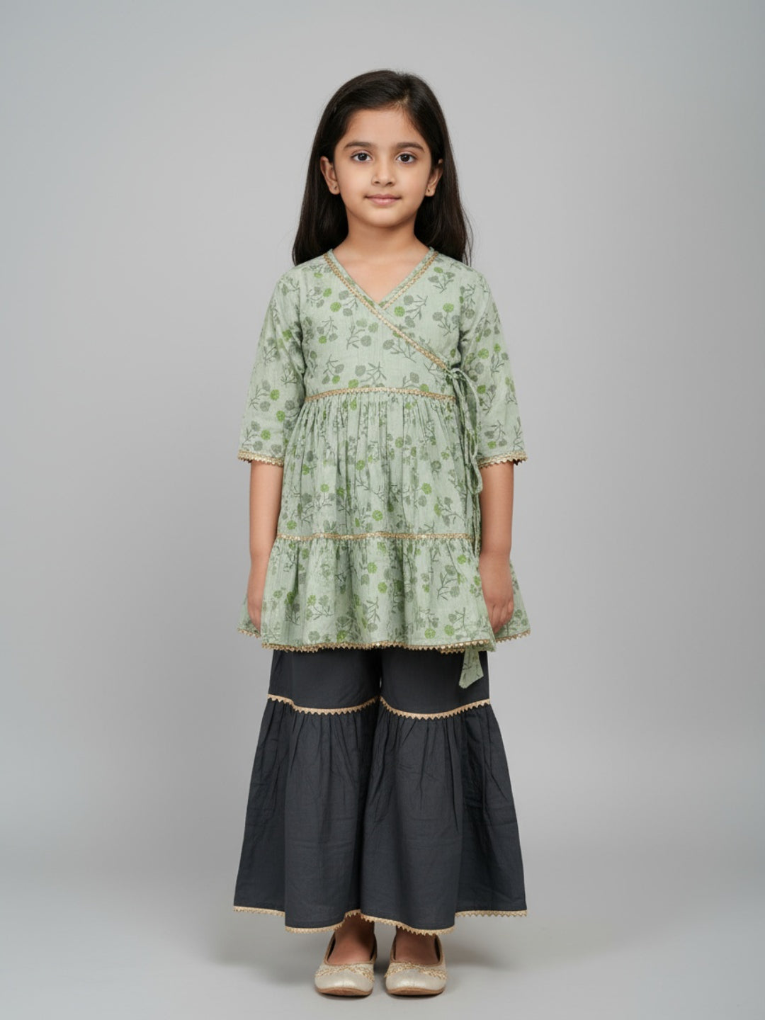 Biglilpeople Girls Floral Printed Angrakha Kurta and Sharara Set