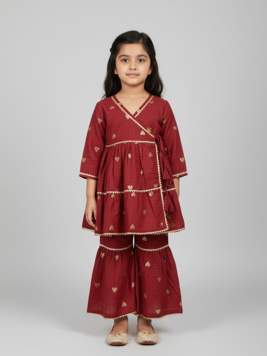 Biglilpeople Girls Heart Printed Angrakha Kurta and Sharara Set