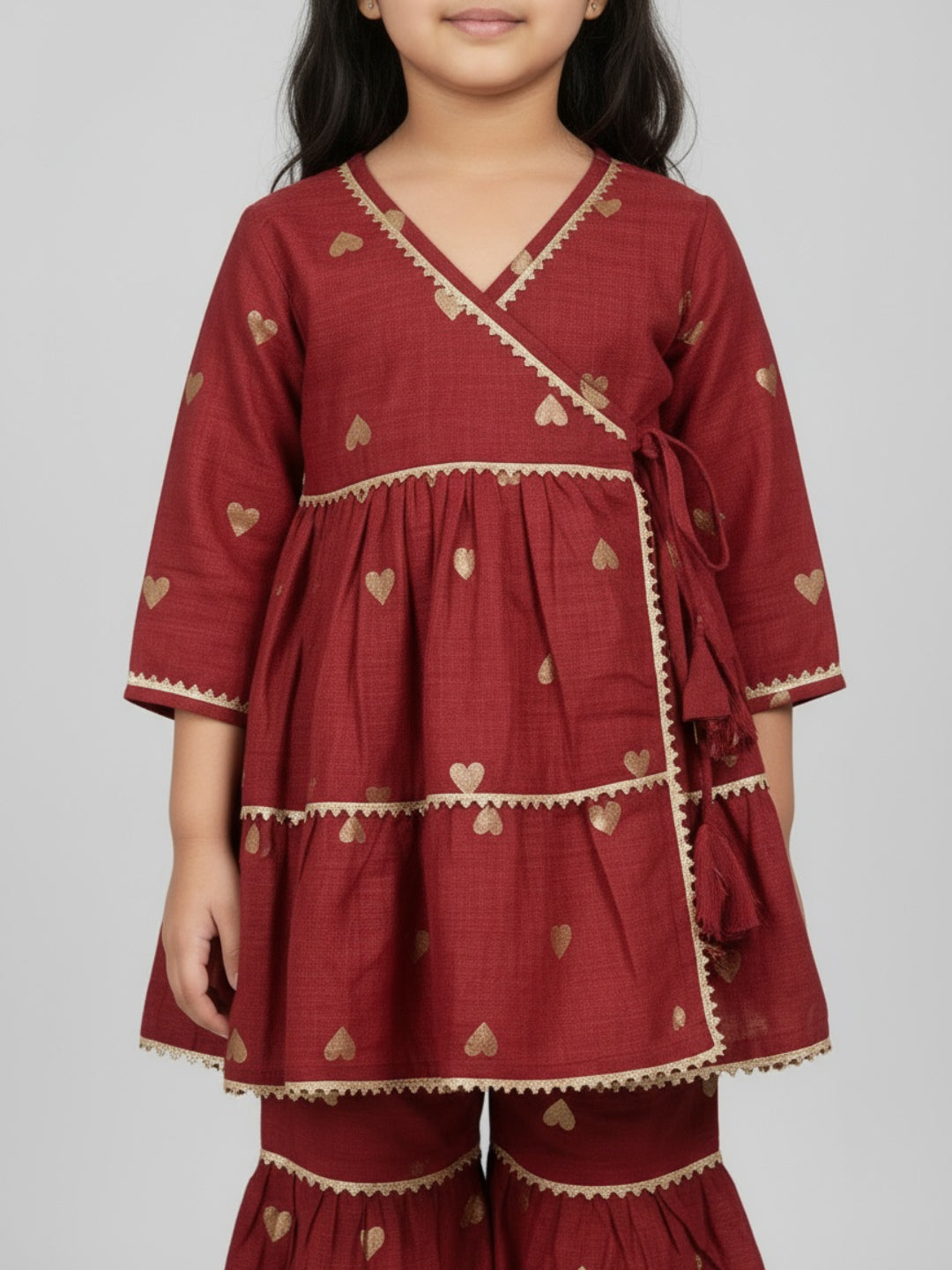 Biglilpeople Girls Heart Printed Angrakha Kurta and Sharara Set