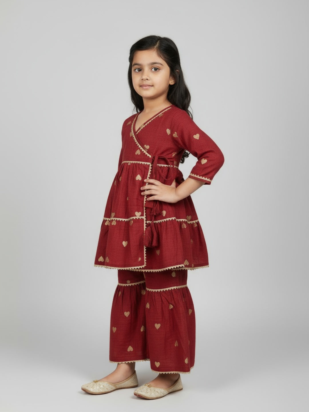 Biglilpeople Girls Heart Printed Angrakha Kurta and Sharara Set