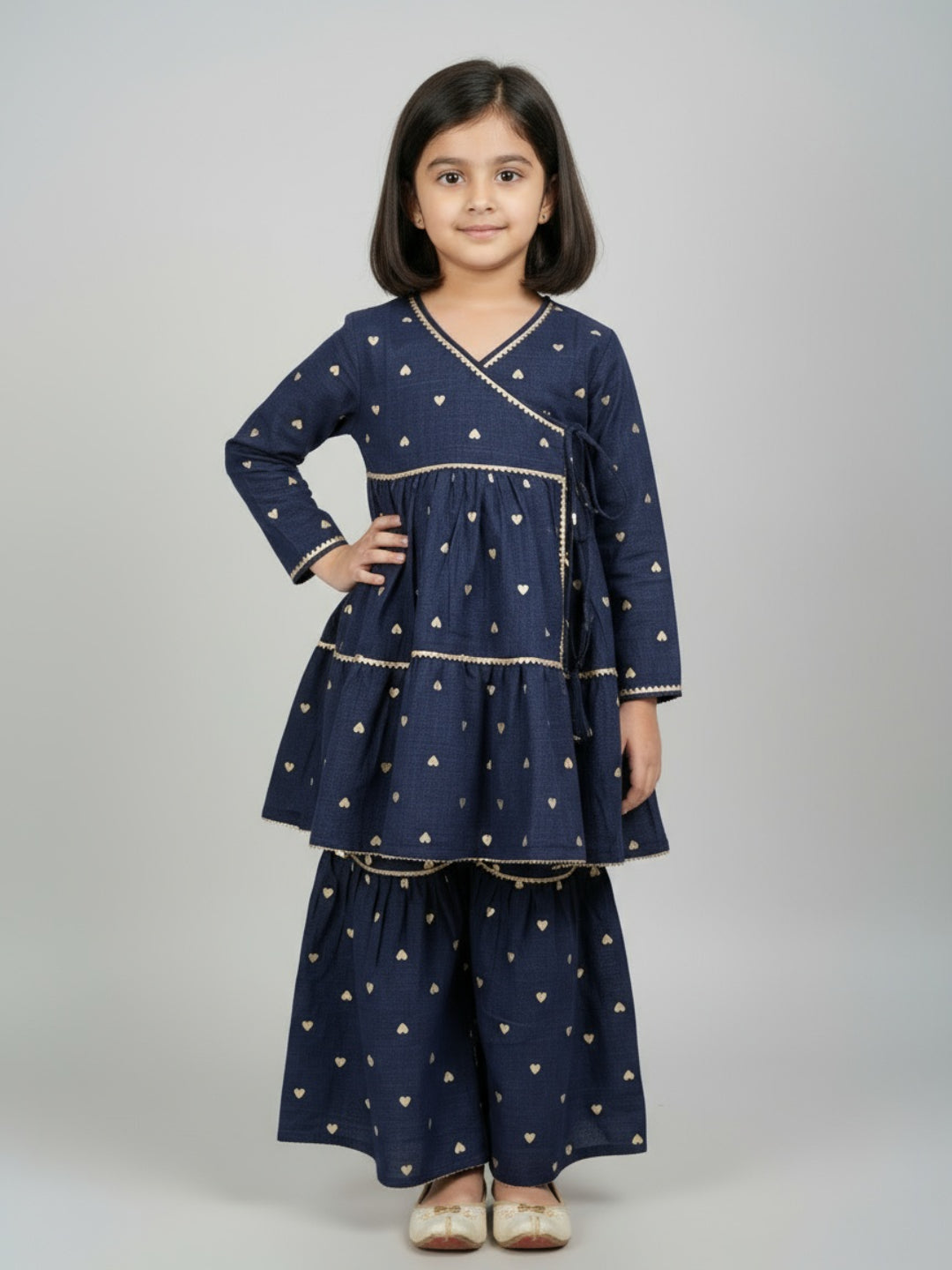 Biglilpeople Girls Heart Printed Angrakha Kurta and Sharara Set