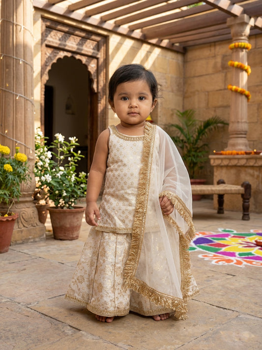 Biglilpeople Infant Girls Ivory-Gold Floral and Sequined Sharara Set with Dupatta