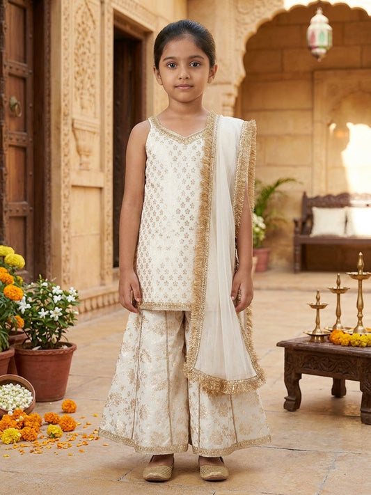 Biglilpeople Infant Girls Ivory-Gold Floral and Sequined Sharara Set with Dupatta