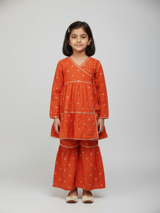 Biglilpeople Girls Heart Printed Angrakha Kurta and Sharara Set