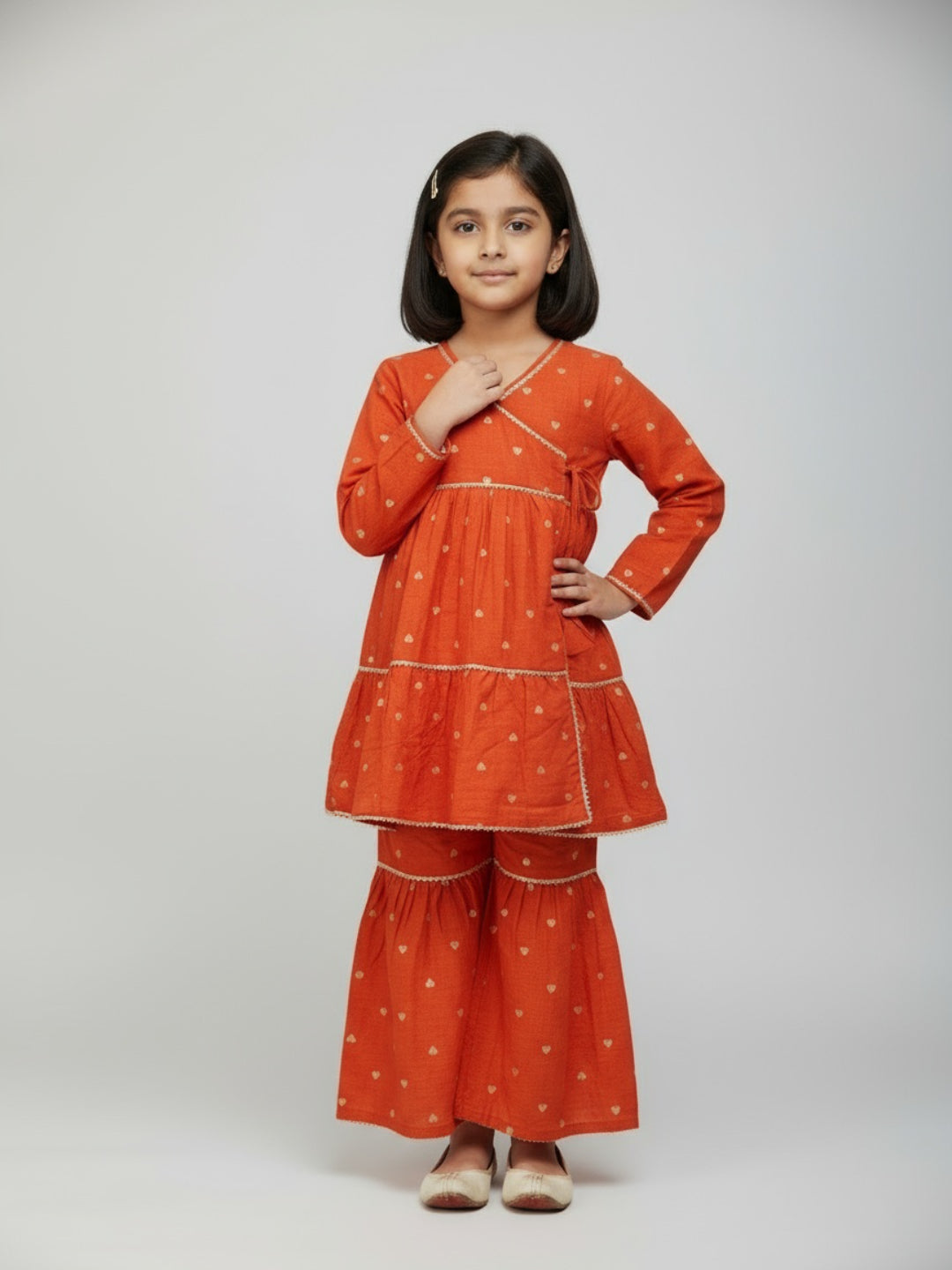 Biglilpeople Girls Heart Printed Angrakha Kurta and Sharara Set