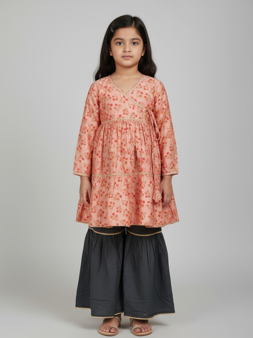 Biglilpeople Girls Floral Printed Angrakha Kurta and Sharara Set
