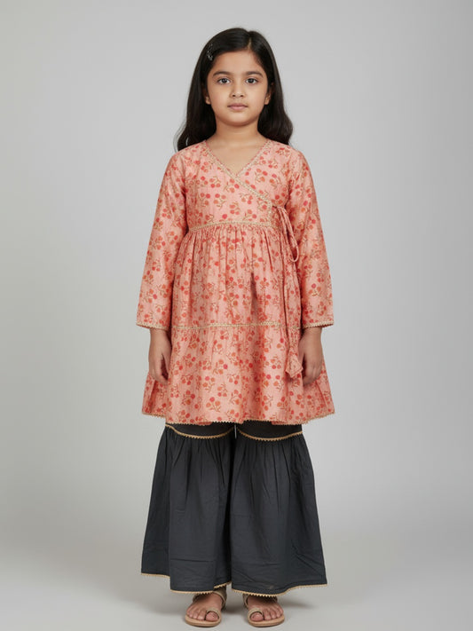 Biglilpeople Girls Floral Printed Angrakha Kurta and Sharara Set