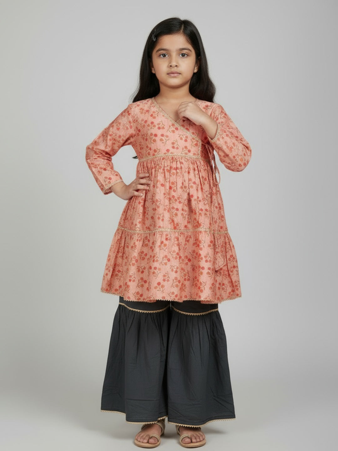 Biglilpeople Girls Floral Printed Angrakha Kurta and Sharara Set