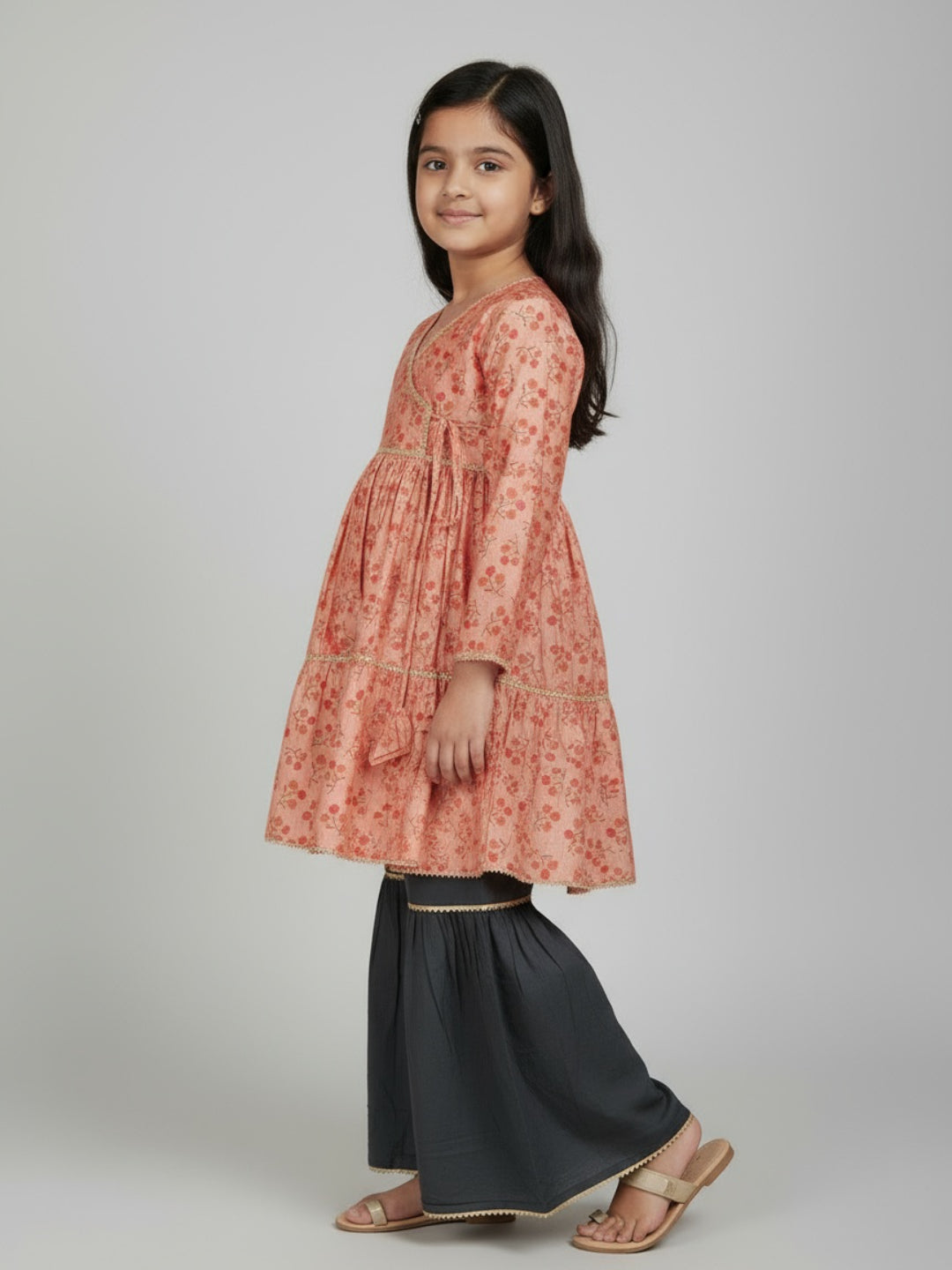 Biglilpeople Girls Floral Printed Angrakha Kurta and Sharara Set