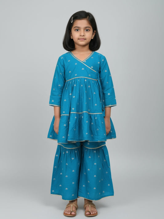 Biglilpeople Girls Heart Printed Angrakha Kurta and Sharara Set